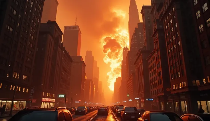 New York City in Chaos; fires in buildings in broad daylight; bombs exploding.