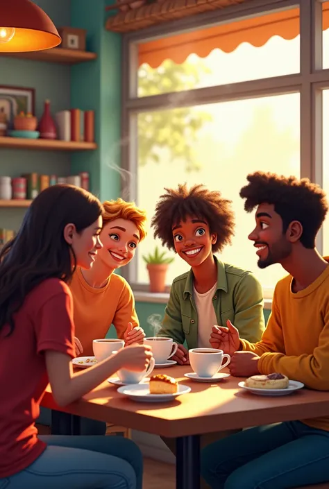 A group of five friends in a cafe talking