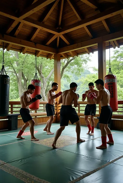 a muay thai gym in traditional thailand, with Thai monuments, an open area on the sides that can be closed at the end of training and a closed roof, punching bags and black and green tatami. Academy in the forest, with wooden walls with ring and 6 people t...