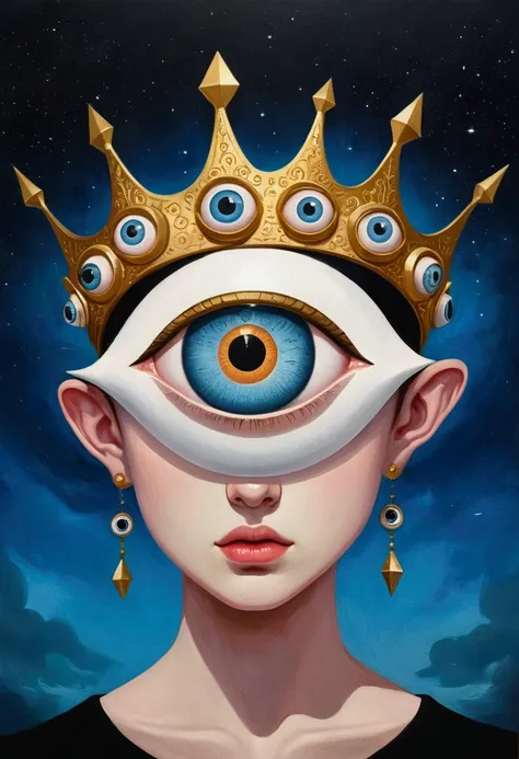 There is a blue eye in the painting，Wearing a golden crown, Andrei Korkutin (Andrei Kolkoutine) Surrealism, Winner of the Behance competition, Pop surrealism, Portrait of a mysterious giant eye, All-Seeing Eye, eyeball, All-Seeing Eye, s eyes, void eyeball...