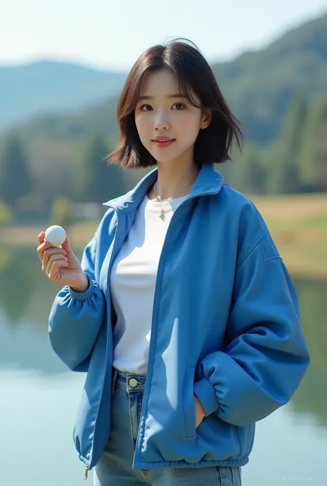 Highly realistic 8k photos, reservoir background, Hold the golf ball with one arm out to the side and in plain view., Korean woman, Wearing a blue T-shirt and a blue jacket on top, Wearing jeans, standing face to face, Looking at the camera, short hair, A ...