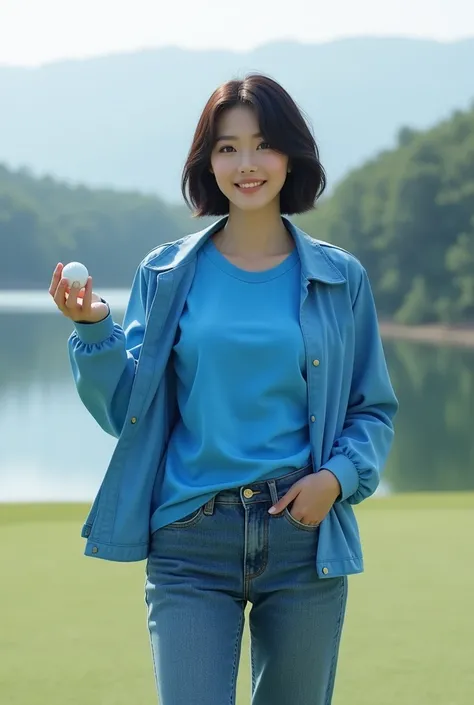 Highly realistic 8k photos, reservoir background, Hold the golf ball with one arm out to the side and in plain view., Korean woman, Wearing a blue T-shirt and a blue jacket on top, Wearing jeans, standing face to face, Looking at the camera, short hair, A ...