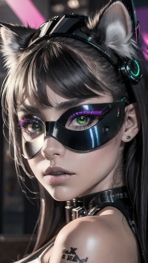 masterpiece, Best Quality, high angle, cyberpunk city, 1 girl, alone, Pale skin, cat ears, purple and black hair, cybernetic arms, cyborg, neon lights on their clothes and cybernetic augmentations, 3D, hyperrealistic, realist, young girl, sexy, beautiful f...