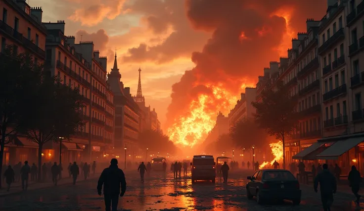 cinematic detailed view of chaotic Paris city, burning buildings, exploding bombs, dramatic apocalyptic scene, cinematic lighting, gritty realistic, dark moody atmosphere, dramatic colors, volumetric lighting, highly detailed, masterpiece, photorealistic, ...