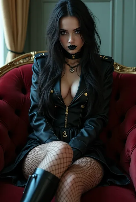 Erotic goth police woman with fishnets short skirt and boots sitting on the sofa 