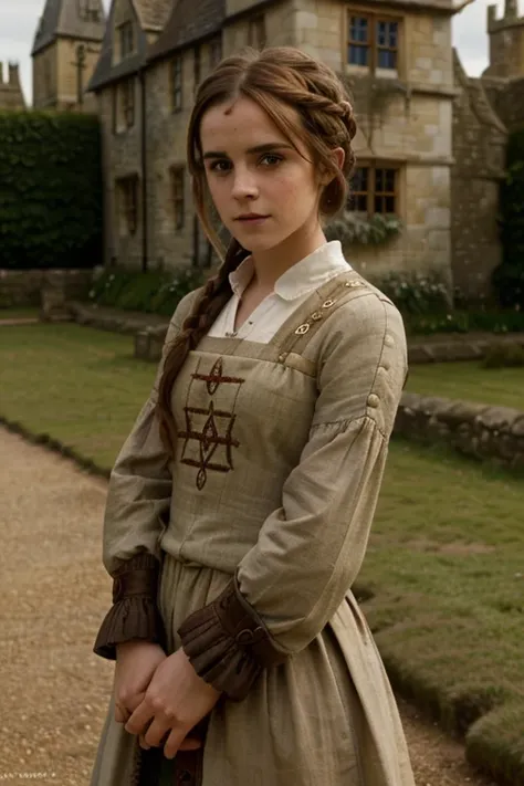 England, 873. Emma Watson ((((3)) Uhtred)), english girl, next to a castle, ((((clothings from the 870s)))), ((brown hairstyle of the 870s)), ((colorful, Monet))