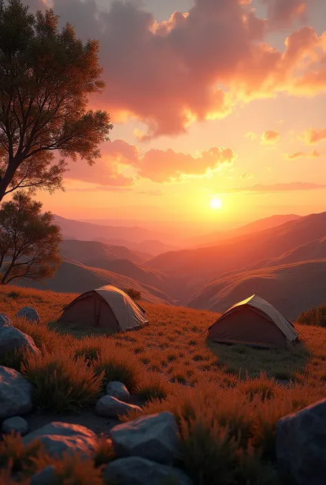 Camping area with a view of hills and sunset, without trees and without water 