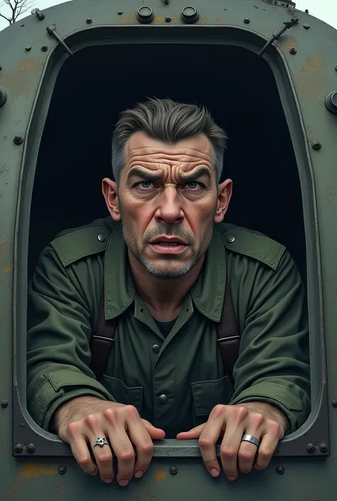 draw a soviet soldier named sergei inside a tank, with a serious but nervous expression. easy to draw highlighting the emotional conflict in the faces of the characters, and a desolate atmosphere.cool tones