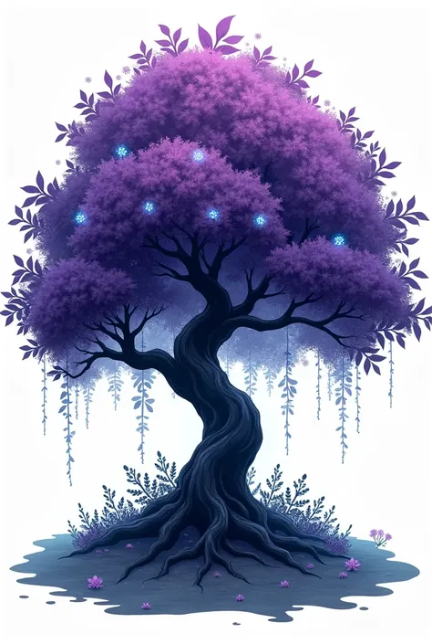 illustration, flowering tree, dark with dark purple details, with blue details, enchanted garden theme,  white background
