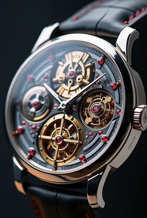 Close-up of the mechanism of an automatic watch open heart watch camera focused on all the gears and movement mechanisms, its entire mechanism with (((red rubies))) Very bright and beautiful pinions, very detailed and perfect seen through the very fine and...