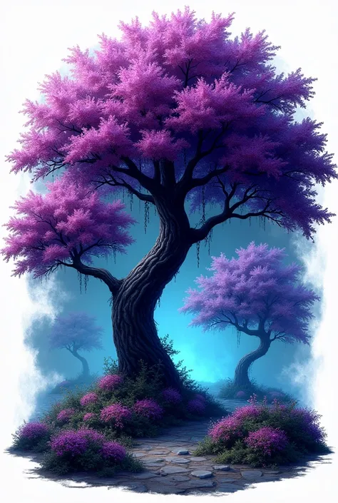 illustration, flowering trees, dark with dark purple details, with blue details, enchanted garden theme,  white background
