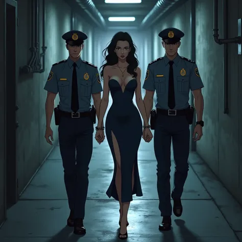 Two police officers lead an arrested adult female in handcuffs down a corridor, dressed in a long, tight dress with a cutout and stiletto heels, anime