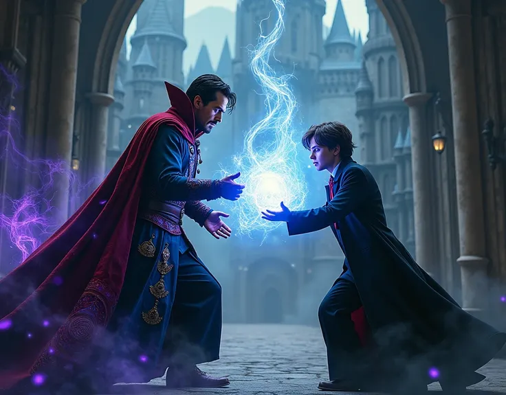 Dr. Strange se bat contre Harry Potter, Méchant, , , vêtements noirs avec détails violets, , , les vêtements suivent un style victorien. château avec Harry Potter style. Marvel, benedict cumberbatch