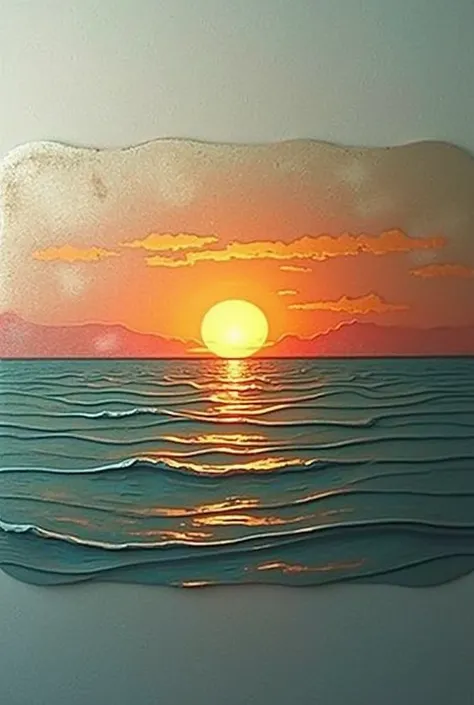 Horizontal steel sheet design with proportions 16:9 carved with the sunset of the sun hiding in the sea
