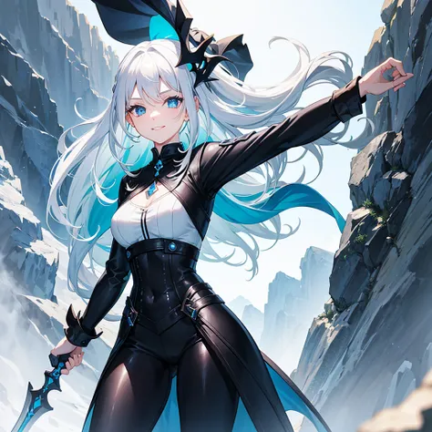 A beautiful adventurous girl with white hair and blue eyes, She is smiling, with a black outfit with blue details and a sword on his back, Fantasy world