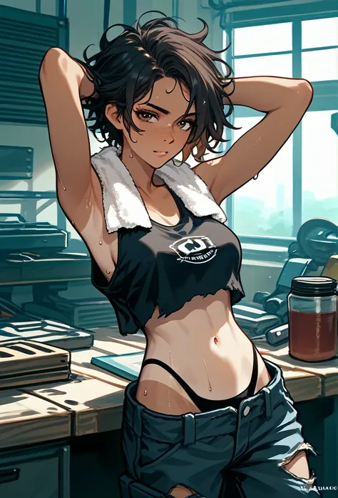 masterpiece, best quality, mature woman, messy hair, black hair, brunette gradient hair color, hot face, (tomboy face), tan skin, mature body, fit body, medium breasts, mechanic gloves, (dirty tank top), stained tank top, midriff, white bandana, mechanic p...