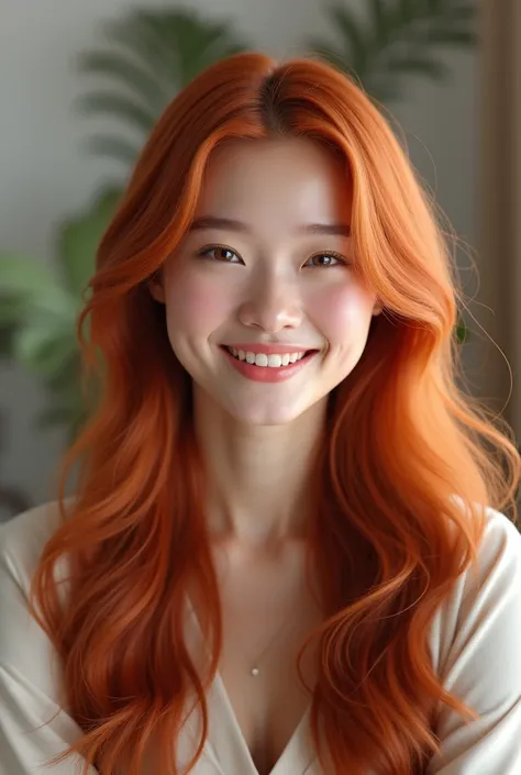 A radiant smile illuminates the face of the AI ​​influencer, with long red hair, Ultra high definition images of our digital AI influencer, smiling as she interacts with modern technology in her home.