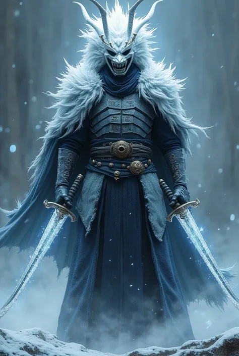 A samurai with white dragon armor and 2 frozen katanas and a black cloak with a samurai mask