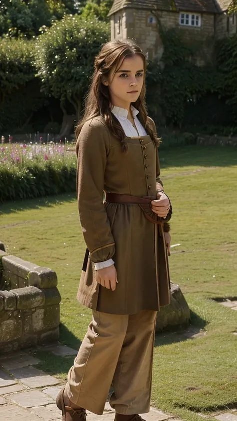 England, 873. Emma Watson ((((3)) Uhtred)), english girl, next to a castle, ((((clothings from the 870s)))), ((brown hairstyle of the 870s)), ((colorful, Monet))