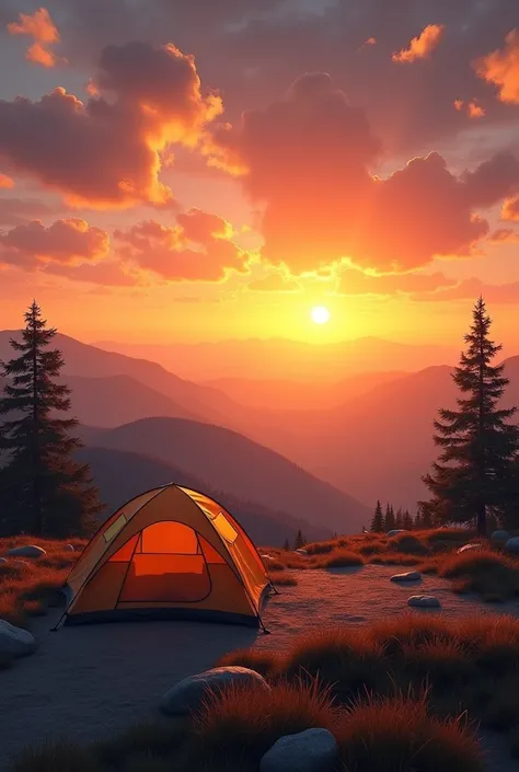 Camping area with a view of hills and sunset without trees and without water and without plants 