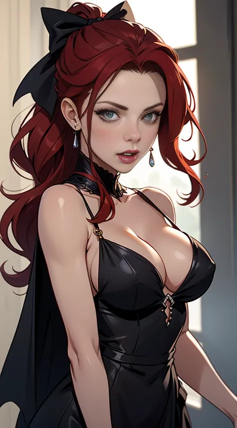 Masterpiece, Best Quality, Photorealistic,  Rayne, Black Dress, vampire fangs, hair ribbons, Average Breasts, red hair, dripping from the mouth,Bloodrayne, Danaerys Targaryen, Kate Beckinsale, cleavage