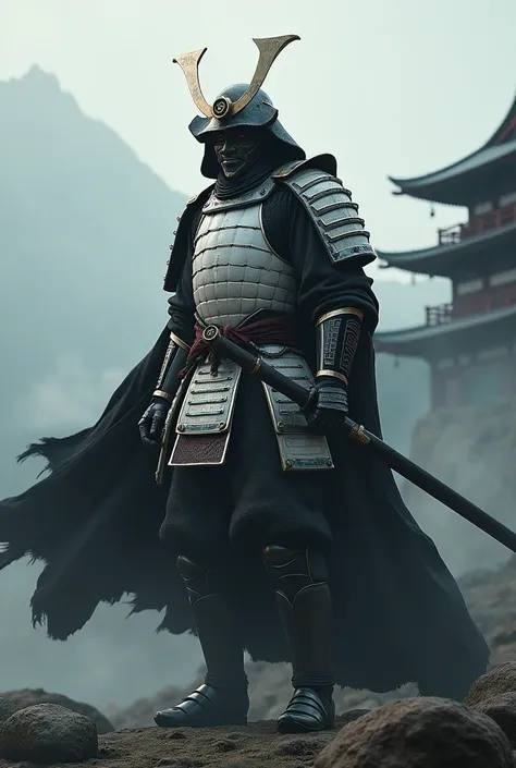 a samurai in white armor and a black cloak