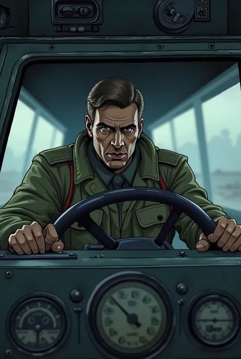 Draw a Soviet soldier named Sergei driving a tank and showing the inside of the tank (It&#39;s a 1970 tank), with a serious but nervous expression. easy to draw highlighting the emotional conflict in the faces of the characters, and a desolate atmosphere.c...