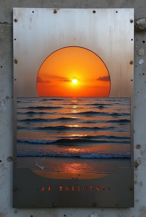 Steel sheet design, horizontal with proportions 16:9, carved with the sunset of the sun hiding in the sea in its upper right corner or that says &quot;the sunsets&quot;