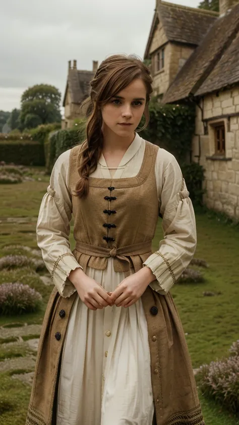 England, 873. Emma Watson ((((3)) Uhtred)), english girl, next to a castle, ((((clothings from the 870s)))), ((brown hairstyle of the 870s)), ((colorful, Monet))