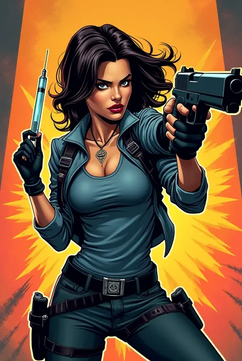 Woman holding gun in one hand and a syringe in the other comic strip 
