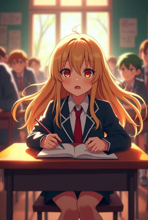 Screenshot of my ver academy.
Girl with long blonde hair, Crimson red eyes and has an explosive expression, She is wearing the UA uniform and in the background a UA school class and she is sitting at a table next to a green-haired boy.