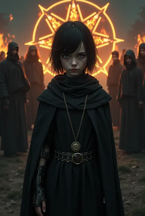 Girl with short black hair, from the realistic middle ages, light eyes dark clothes with prosthetic arm, detailed steampunk pentagram, cut on the face, the night, with a religious group with fire behind, detaileds.