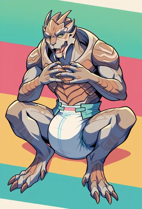 1 person、(((Male Turian in a dirty baby diaper)))、garrus vakarian、mass effect、masterpiece、Highest quality、Dirty diaper、Pampers diapers、Grey body、Yawning、toy、Colorful blocks、Colorful puzzle mat floor、kindergarten