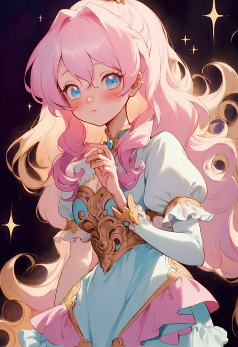 A magical girl in an anime style, inspired by the Rococo era, blending ornate and intricate designs with a modern anime aesthetic. The character should be dressed in an elaborate, frilly outfit with pastel colors, incorporating stars and celestial elements...