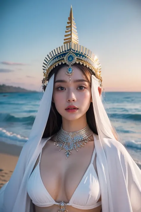 Godness, A stunning, hyperrealistic portrait of a beautiful woman in a white warrior bikini and ornate iron headdress, standing on a beach. The detailed face resembles that of a goddess, and the armor is exquisitely crafted, masterpiece, maxium resolution,...