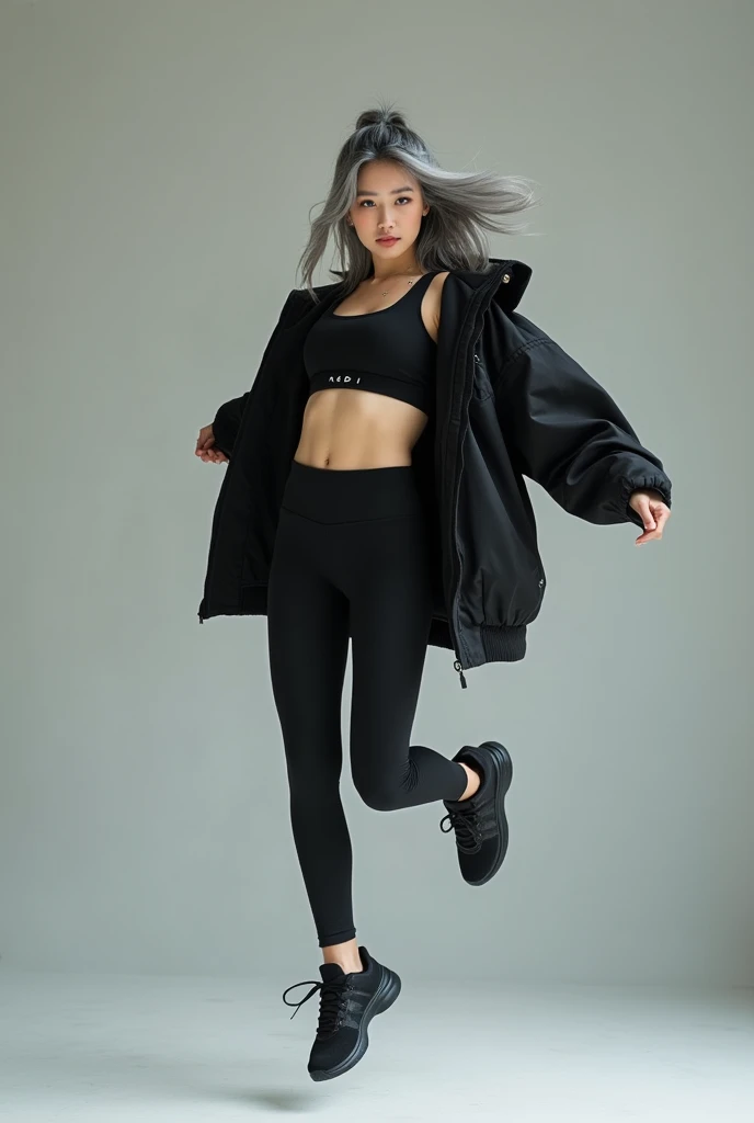 best quality, sports fashion portrait, beautiful Japanese cute  girl,, beautiful  fashion model,  Realistic, 20-years-old, gray hair, , (( jumping wide angle)), all body shot, looking other, forcus high cut black sneakers, A sporty and modern outfit featur...