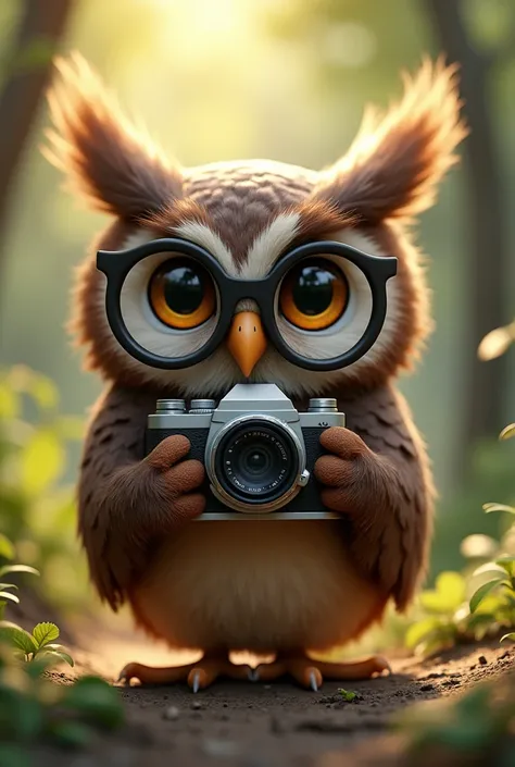 A cute, dark brown owl emoji with glasses taking pictures 