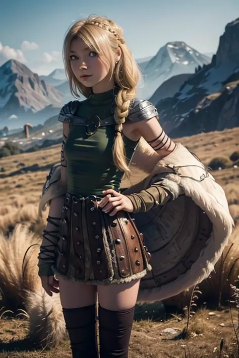 astrid hofferson, Skinny body, small bust, two hands, Whole body, you can see his legs, standing, Lovely, mountainous landscape, very sexy,