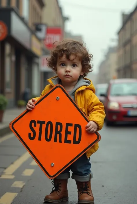 Child holding a warning sign