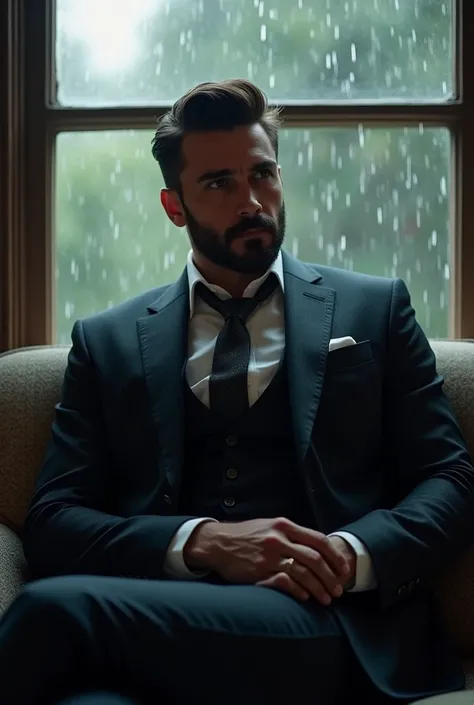 Elegant man in suit with beard and short hair, he is sitting on the couch and behind him the rain is falling on his window, focus a lot on the rain falling on the window 