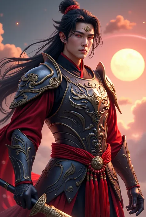 Handsome young early 20 Yo xianxia protagonist,charming handsome,guy,man,long black obsidian hair, Crimson red eyes combination ,and long black tint hair,and the golden rune motiv  engraved on his forehead,use armour featuring like God of evil  with black ...