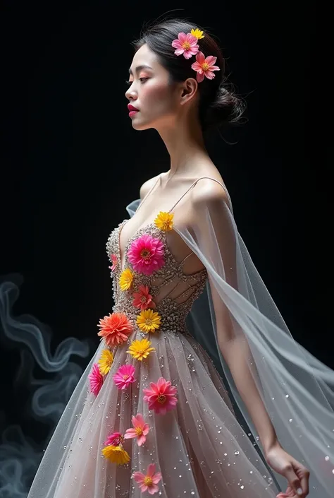 happy summer fashion design by vera wang with colourful flowers in soft grey colours and floral, wore by japanese female model, black void background, soft silver particles, smokes and nice lighting, UHD, HDR, 8k, Masterpiece, realistic, hyper realistic.