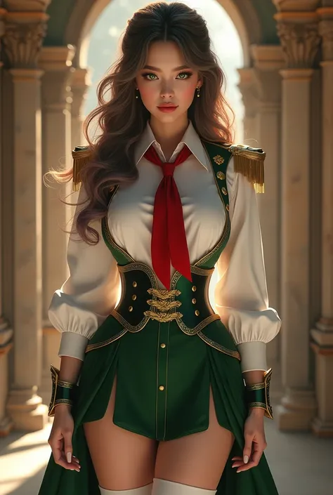 (((masterpiece))), (((best quality))), ((Super Detail)) , (A very elegant and beautiful lady: 1.4),(1 Girl),Riña_(Fantasy Tower),White skin,(((Full set of clothes,Hips:1.1 Army, (White__uniform:1.3), green_Wrinkles_skirt, tie, Red_tie, shirt, , White stock...