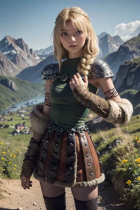 astrid hofferson, Perfect eyes, Skinny body, small bust, two hands, Whole body, you can see his legs, standing, Lovely, mountainous landscape, pose sexy,