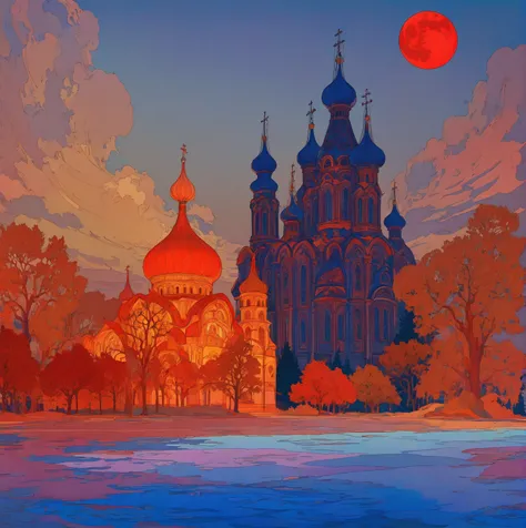 a dramatic orthodox church against a night sky with a large red moon, inspired by the slavic epic illustrations of ivan bilibin,...