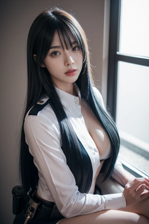 (nude), best quality at best, high resolution, 8K, (RAW photography), real photography, digital photography, (girl in police uniform), 1 girl, long white hair, with bangs, (Blue-red gradient hair),((Red eyes)),stylish and charming,cleavage,A plump chest,ba...