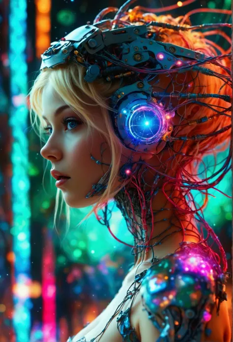 a fullbody of a woman with a head full of wires, karol bak uhd, beautiful digital artwork, blonde girl in a cosmic dress and hig...