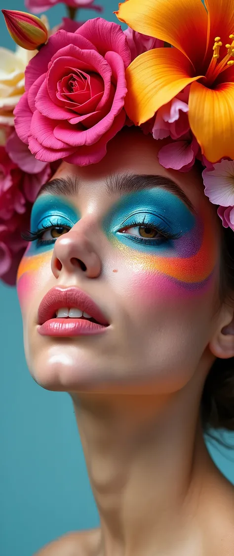 Create facial makeup with flowers, only flashy makeup 