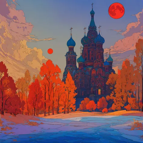 cathedral, red moon in sky, inspired by ivan bilibin, slavic epic, inspired by igor grabar, saint basil's cathedral, inspired by...