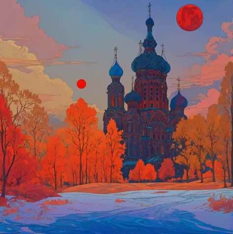 cathedral, red moon in sky, inspired by ivan bilibin, slavic epic, inspired by igor grabar, saint basil's cathedral, inspired by...